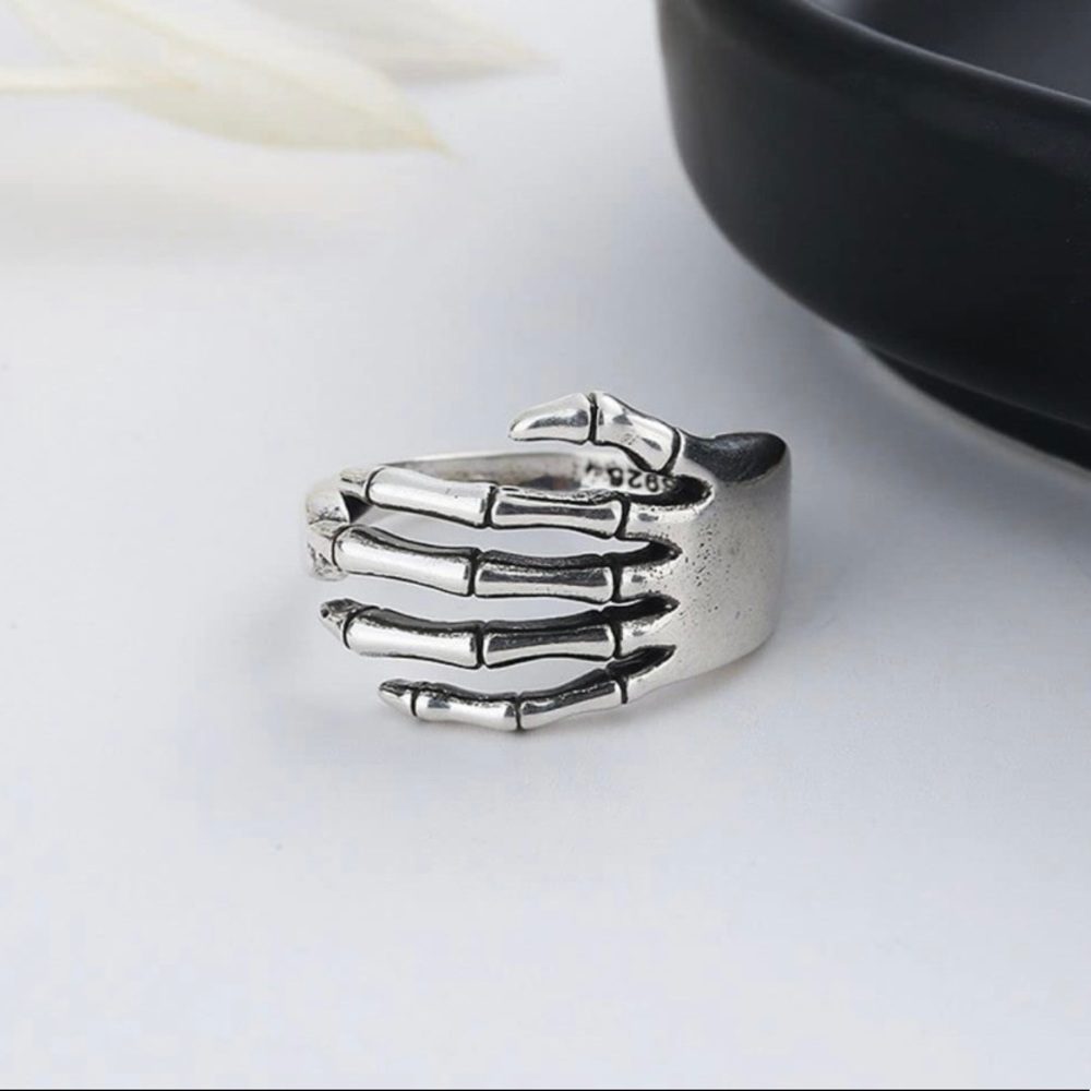 Silver Tone Skeleton Hand Adjustable Ring
